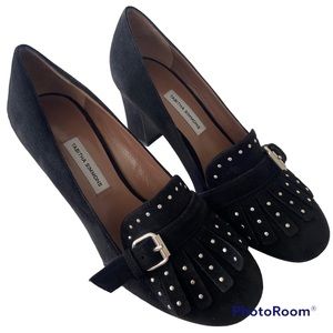 Tabitha Simmons Black Suede Studded Fringe Loafer Pumps Shoes 37